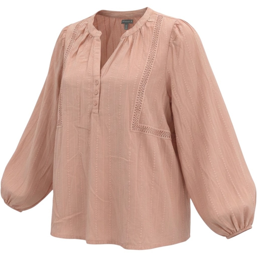 Falls Creek Blouse Womens 2X Pink Cotton Lace Trim Boho Peasant Dobby Top